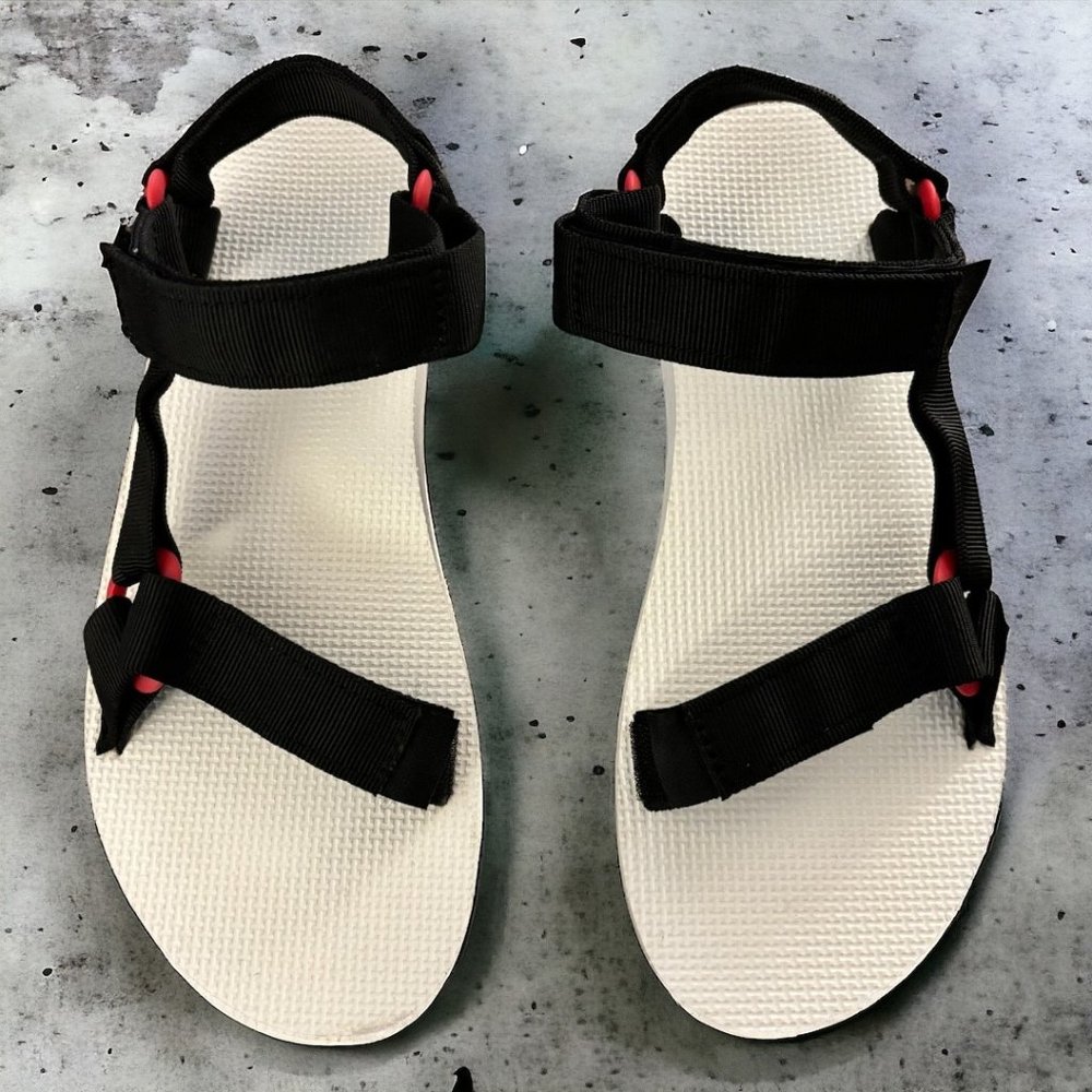 Teva Sandals, black & white with red buckles